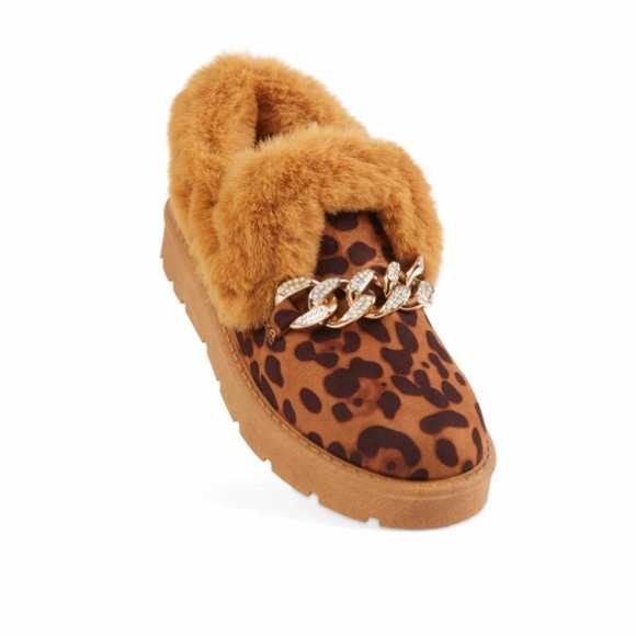 Shoes - Animal Print Faux Fur Slip On Moccasins with chain detail, Women's, New